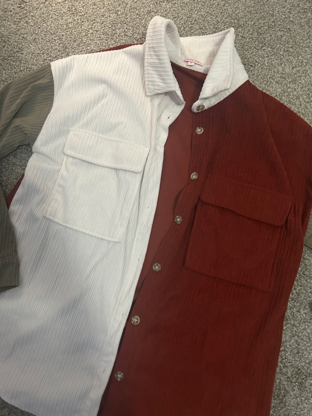 Colorblock Corduroy Button-Up Shirt - White, Burgundy, Olive - Picture 2 of 3
